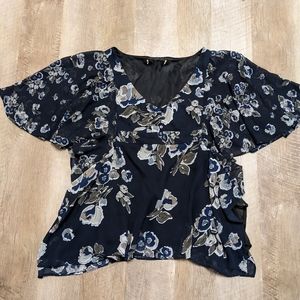 Navy Blue Floral Print Wavy Sleeves Flowy Top